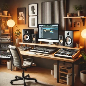 Home studio de producción musical con equipo organizado