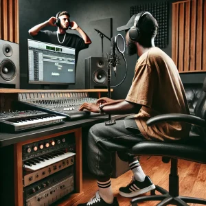 Productor trabajando en una base de rap en su DAW