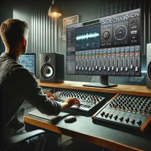 Estudio de producción musical moderno con un productor ajustando la compresión sidechain en un DAW, equilibrando el bombo y el bajo en la mezcla. El estudio tiene monitores, un teclado MIDI, una consola de mezclas y una pantalla mostrando los ajustes de compresión sidechain en un plugin