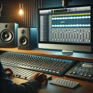 Estudio moderno de producción musical con un productor mezclando voces en un DAW, mostrando pistas vocales, configuraciones de ecualización y herramientas de compresión en un ambiente profesional y elegante