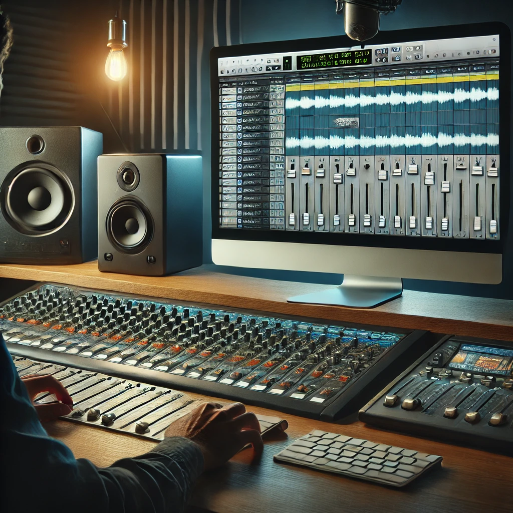 Estudio moderno de producción musical con un productor mezclando voces en un DAW, mostrando pistas vocales, configuraciones de ecualización y herramientas de compresión en un ambiente profesional y elegante